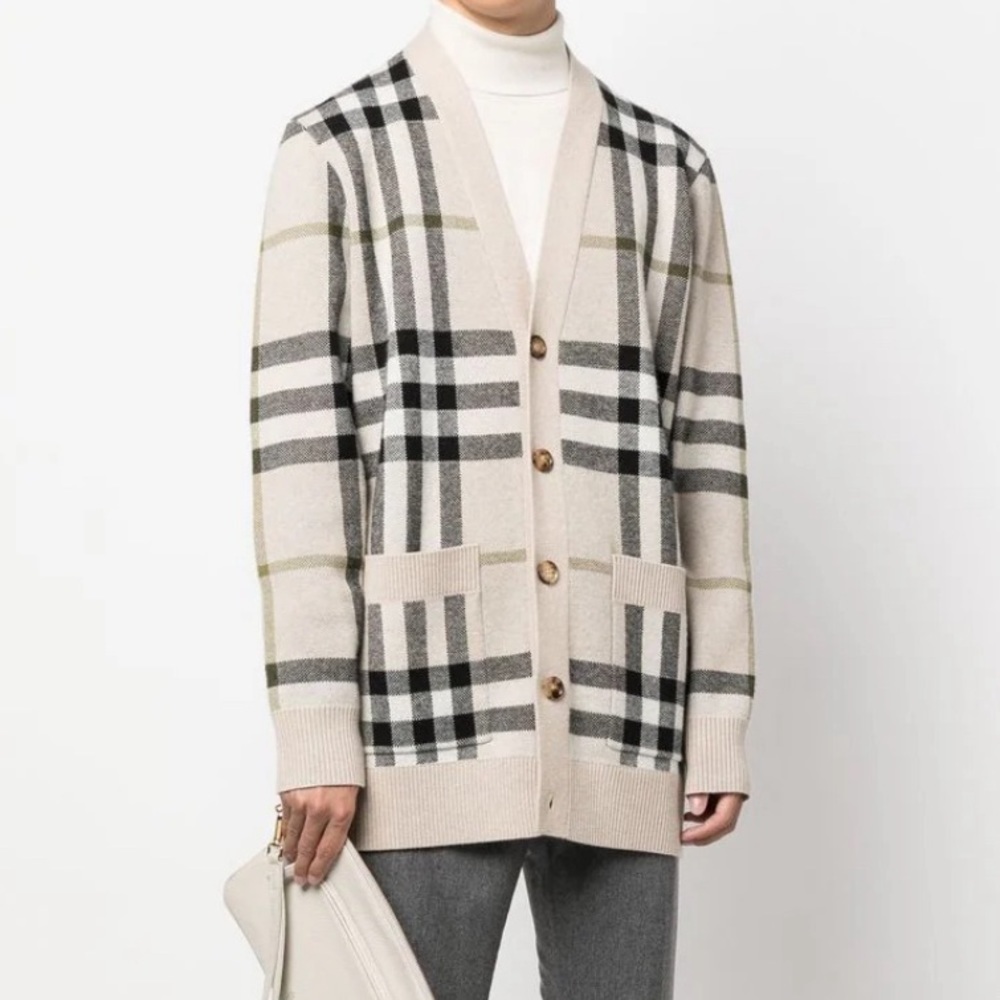 Burberry Signature Check Jacquard Cardigan Wool Cashmere in Beige | size L - Picture 1 of 12